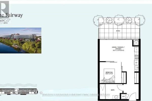 Floor plan for a studio apartment showing a living/dining/kitchen area, bedroom, bath, and patio. - 128 - 350 Prince Charles Drive, Welland