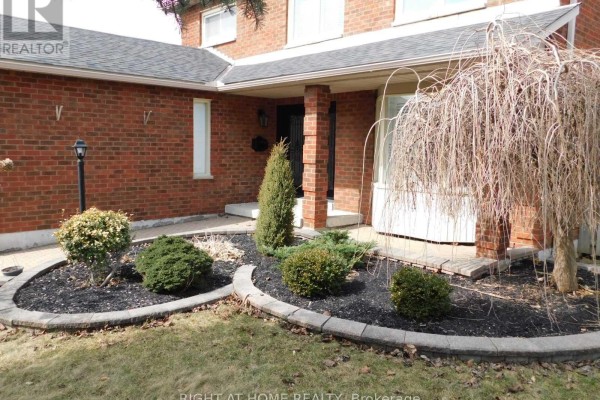 Close-up of the landscaped front yard with a decorative tree, bushes, and a pathway leading to the house. - 128 William Stephenson Drive, Whitby
