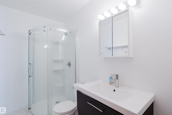 Small bathroom with a white vanity, toilet, and a corner glass shower stall. - 12831 126 St Nw, Edmonton