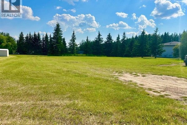 Grassy open field with scattered dirt patches, evergreen trees, and a few buildings visible on the right side. - 129, 13379 670 Township, Lac La Biche