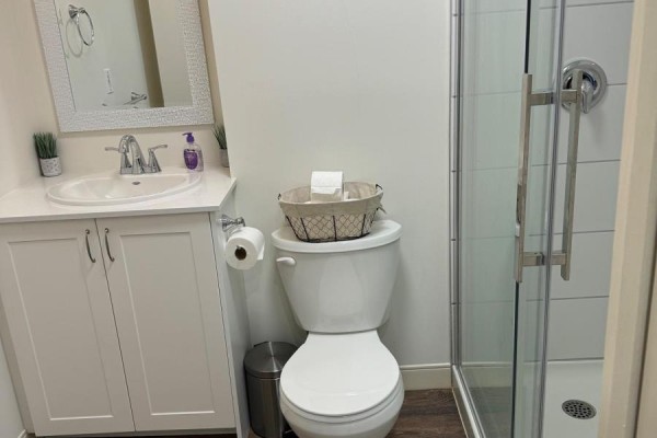 Bathroom with white vanity, white toilet, basket of toilet paper, and glass-enclosed shower. - 129 - 135 Station Street, Belleville