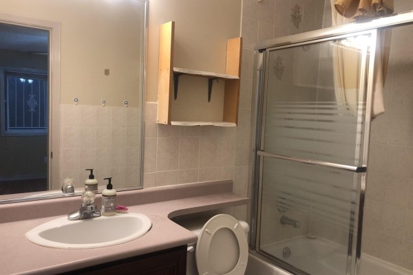 Bathroom with a vanity, sink, mirror, and a sliding glass shower door. - 12930 109 Avenue, Surrey