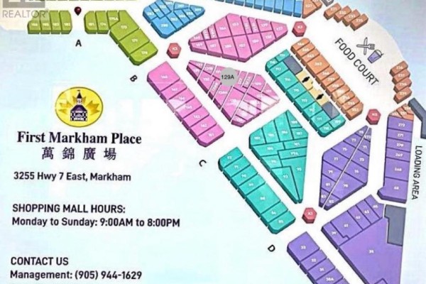 Floor plan map of First Markham Place showing unit numbers and various sections of the mall. - 129a - 3255 Highway 7 E, Markham