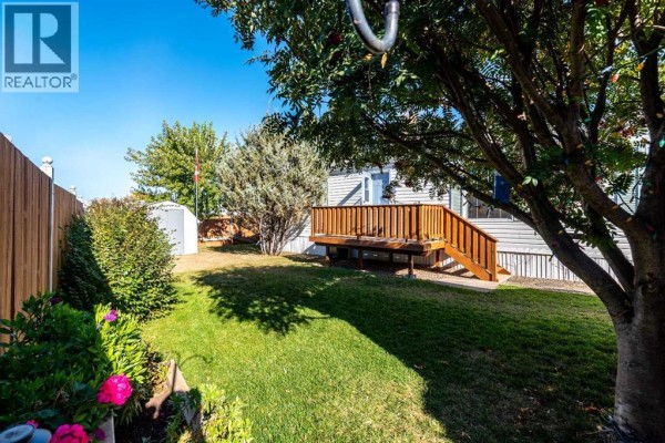 Backyard with a wooden deck and green lawn, viewed from under a tree. - 13, 5302 56b Street, Lloydminster