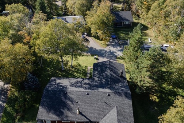 Aerial view looking down on roofs of houses surrounded by trees. - 13 Chippy's Lane, Appleton