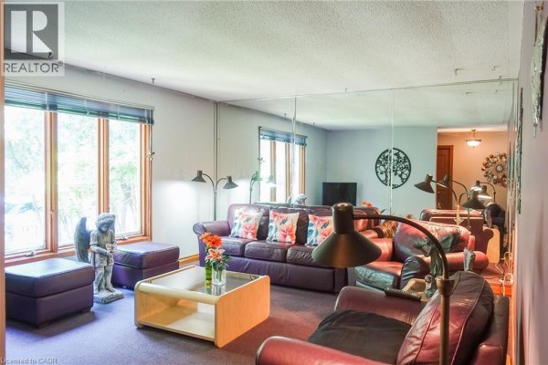 Interior view of an entryway with a dark door and a carpeted living room beyond. - 13 Kelly Avenue, Simcoe