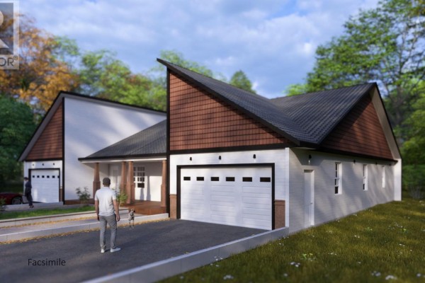 Side exterior view showing the duplex layout, front entrance, and attached garages with white doors. - 13 Paddington Avenue, West Royalty
