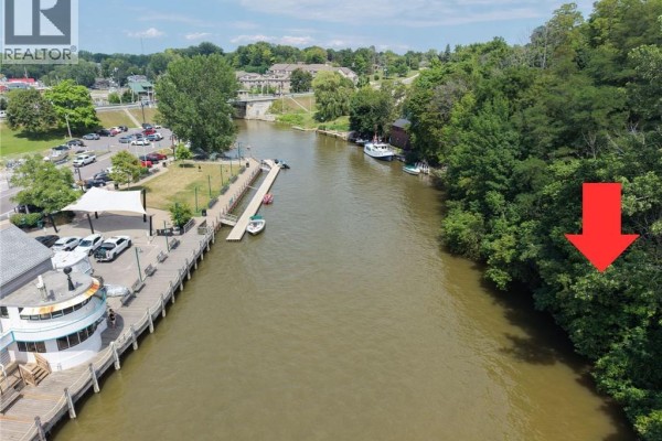 Aerial view of a treed lot on a river bend, with a red arrow pointing to property. - 13 Quay Street, Port Dover