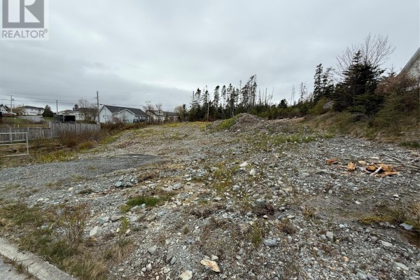 Expansive vacant lot with rocky terrain, scattered trees, and houses on the left side. - 13 Shea Place, Bay Roberts