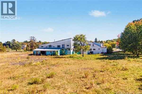 Wide aerial view of commercial building and surrounding overgrown lot with trees in the background. - 130 Main Street, Chipman