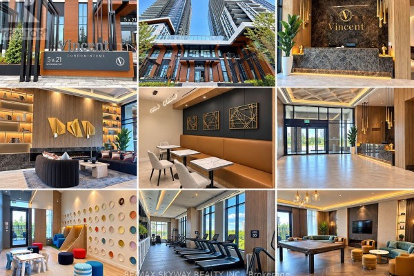 Luxury condominium lobby with marble reception desk, contemporary seating area, and modern art installations. - 1303 - 21 Meadowdale Road, Vaughan