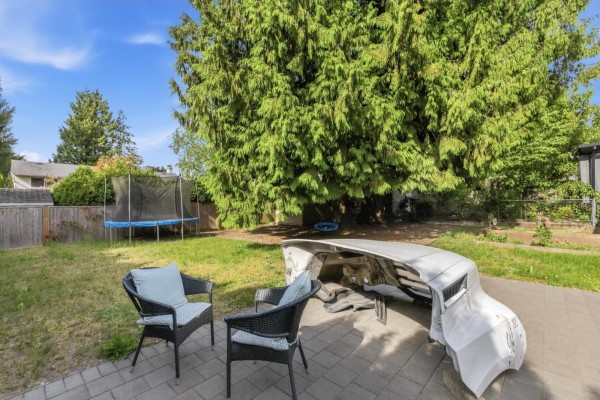 Backyard with patio, two chairs, a car chassis, and trampoline. - 13035 98a Avenue, Surrey