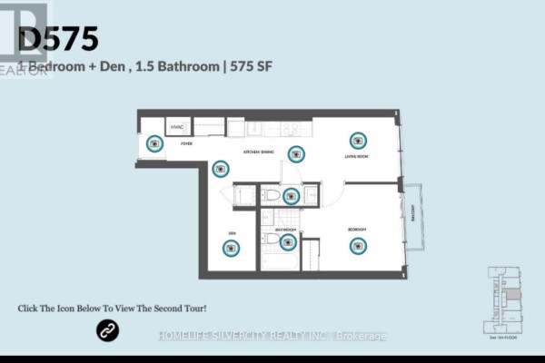 Floor plan of a 1-bedroom, den, and 1.5-bathroom apartment with 575 square feet. - 1306 - 30 Francis Street, Kitchener