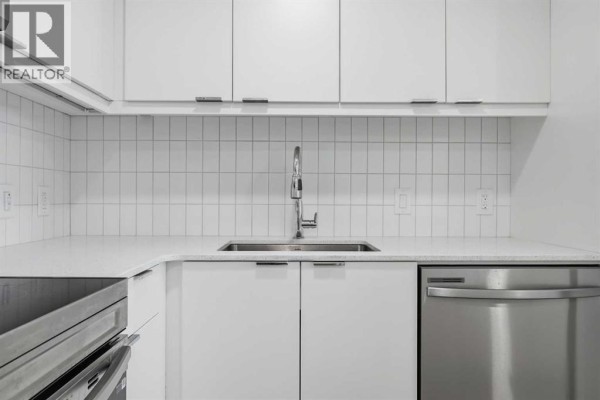Close-up of a stainless steel sink and faucet in a white kitchen with quartz countertops and white cabinetry. - 1313, 8500 19 Avenue Se, Calgary