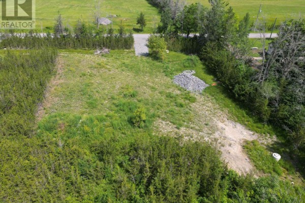 Aerial view of a cleared lot with gravel pile and surrounding evergreen trees and grass. - 1314 Lazier Road, Tyendinaga