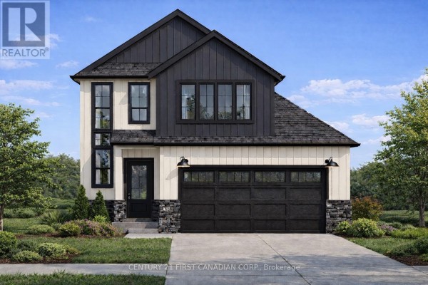 Architectural drawing of the Heath Model, featuring a front elevation with a gabled roof and stone accents. - 132 Addison Avenue, Lucan Biddulph