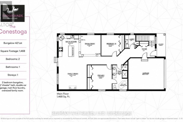 Floor plan for a 1,468 sq ft bungalow with two bedrooms, kitchen, dining room, and family room. - 133 Fergusson Way, Stratford