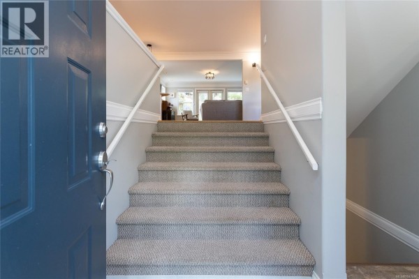 View from the front door looking up a carpeted staircase with grey walls and white trim. - 133 Gibraltar Bay Dr, View Royal