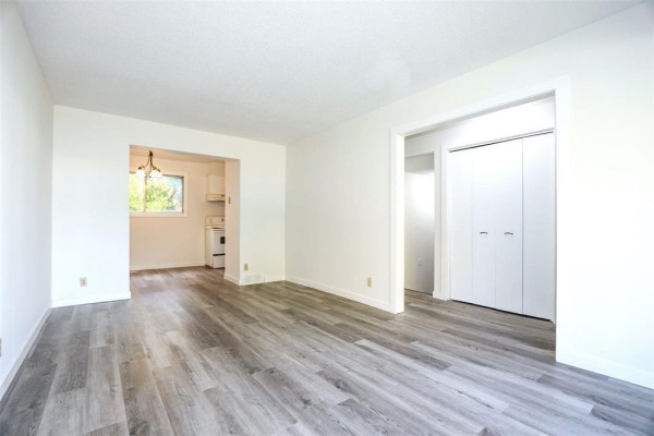Living room with gray wood-look laminate flooring and view into a kitchen with white appliances. - 133 Lake Ridge Road, Winnipeg