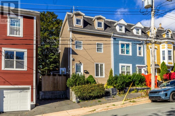 Exterior of a tan and blue attached home on a sloping street, with a wooden fence and bushes. - 133 Patrick Street, St Johns