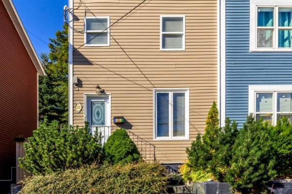 Front view of a tan two-story home with a white door and two windows, surrounded by greenery. - 133 Patrick Street, St Johns