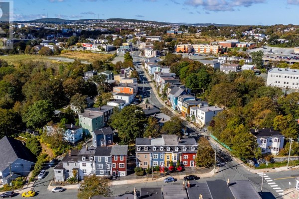 Aerial view of a neighborhood with many colorful attached homes on a street with trees and distant buildings. - 133 Patrick Street, St Johns