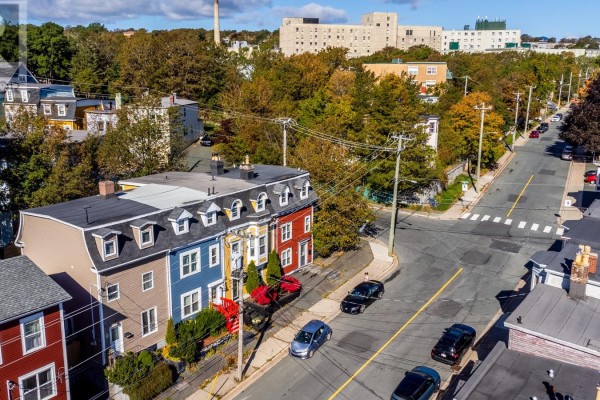 Aerial view looking down a street lined with colorful attached homes and parked cars, with trees and buildings. - 133 Patrick Street, St Johns