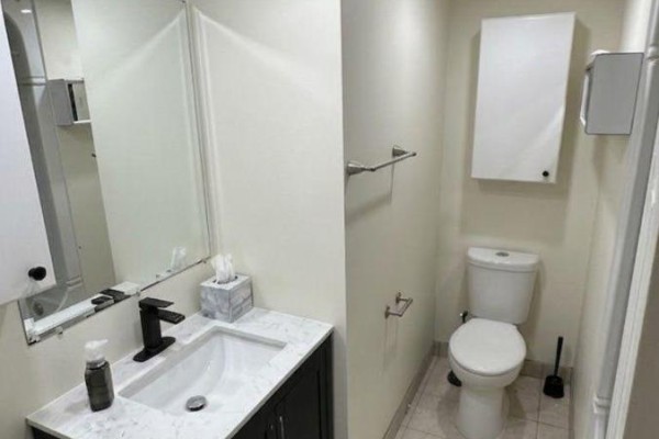 Bathroom with a white toilet and vanity with a black faucet and white countertop. - 1336 Avenue T Avenue, Ottawa