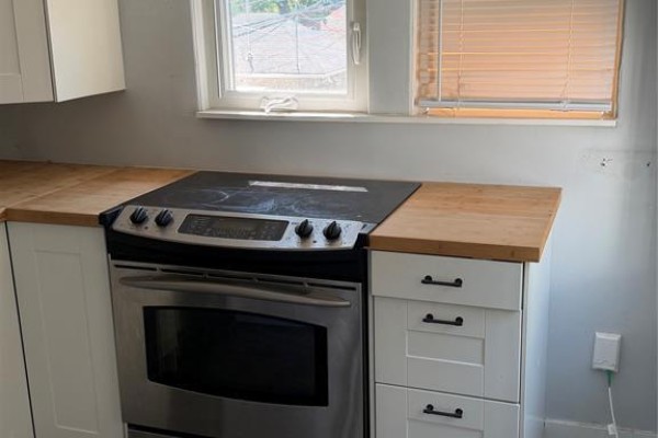 Stainless steel electric stove with black glass cooktop next to white cabinets and wooden countertop. - 1337 Assumption Street Unit# 1, Windsor