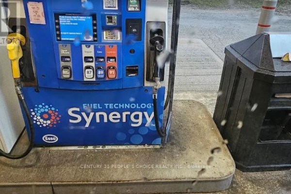 Close-up of a blue Synergy Esso gas pump with screen and nozzle. - 134 Highway 60, Huntsville