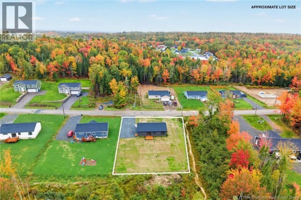 Aerial view of a rural street with several single-story houses and a densely wooded background. - 136 Horseman Road, Fredericton Junction