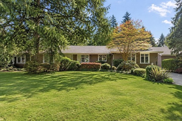 Aerial view of a ranch-style house with a red arrow pointing to the roof, surrounded by mature trees. - 13666 30 Avenue, Surrey