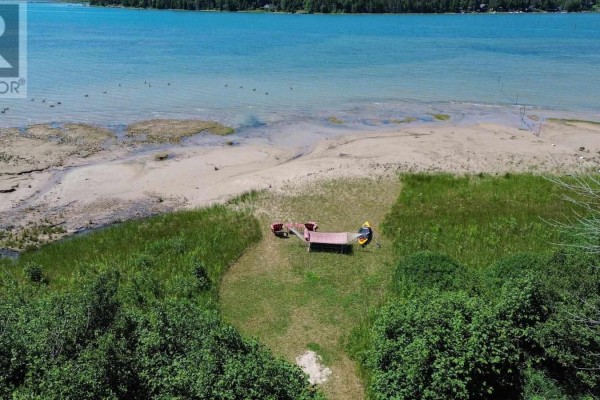 Aerial view of a cottage surrounded by trees, with a beach, hammock, and seating area. - 1371 Sailors Encampment Dr, Richards Landing