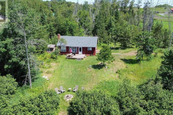 Aerial view of a red cottage with a deck, surrounded by lush green trees and lawn. - 1371 Sailors Encampment Dr, Richards Landing