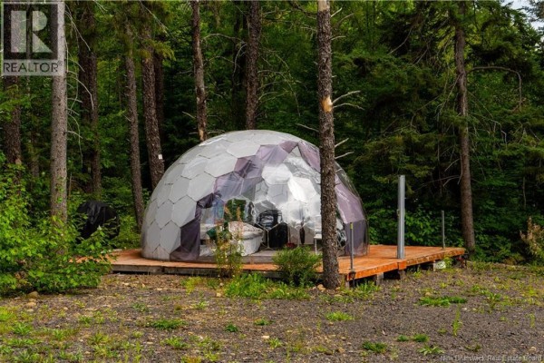 Geodesic dome tent structure with hexagonal panels on a wooden platform in a forested area. - 1374 Route 116, Salmon River Rd