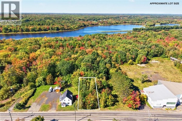 Aerial view of the property lot outlined in white, with a house and trees, overlooking a lake. - 138 Main Street, Chipman