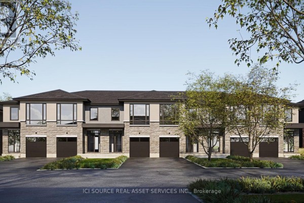 Exterior of a row of townhouses with stone and grey siding, dark garages, and large windows. - 138 Orr Farm Way, Ottawa