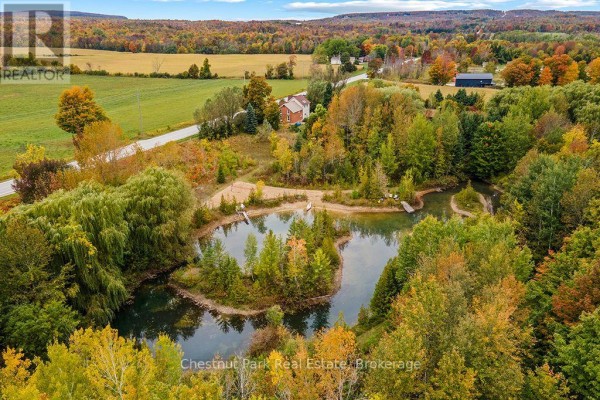 Aerial view of a pond with islands and trees on a property. - 138237 Grey Road 112, Meaford