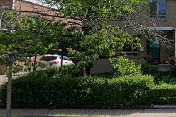 Driveway and lawn next to a tree-covered brick duplex on a sunny day. - 139 Vauxhall Drive, Toronto