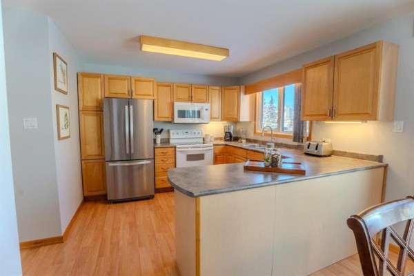 Kitchen featuring wooden cabinets, stainless steel appliances, and a window view - 1392 Ravelston Avenue, Winnipeg