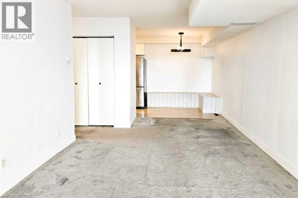 Interior view of a living room with grey carpet and a view into the kitchenette area. - 14, 3726 Centre Street N, Calgary