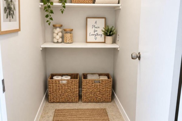 Storage closet with shelves holding jars, baskets of toiletries, and framed art. - 14 - 140 Laurier Street, Casselman