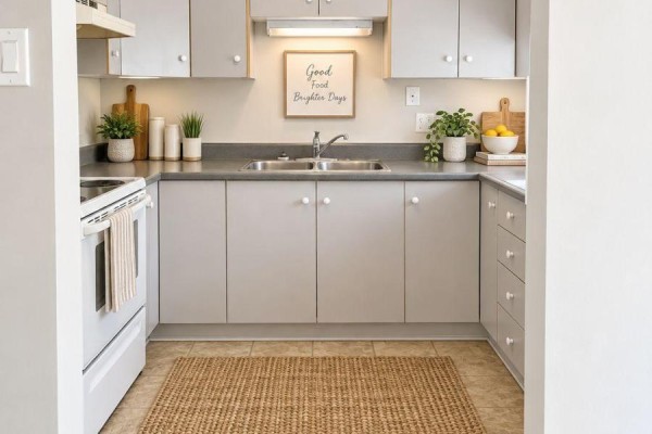 U-shaped kitchen with light grey cabinets, a double sink, and a white stove. - 14 - 140 Laurier Street, Casselman