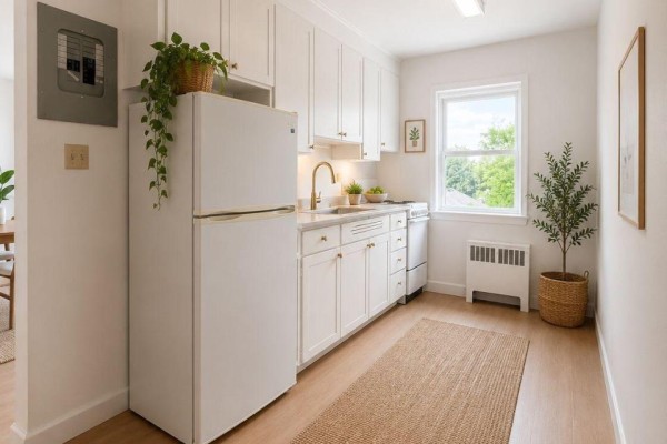 Compact kitchen with white cabinets, refrigerator, stove, and window. - 14 - 917 Hamilton Road, London East