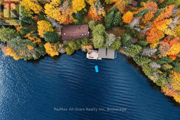 Exterior of a log cabin with large windows, a wooden deck, and rocky shoreline. - 14 60 Highway E, South Algonquin
