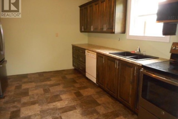 Kitchen with dark wood cabinets, double sink, dishwasher, stove, and light green walls. - 14 Access Road, Middle Arm