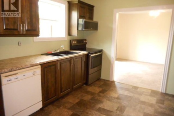 Kitchen with dark wood cabinets, dishwasher, stove, double sink, and a doorway leading to another room. - 14 Access Road, Middle Arm