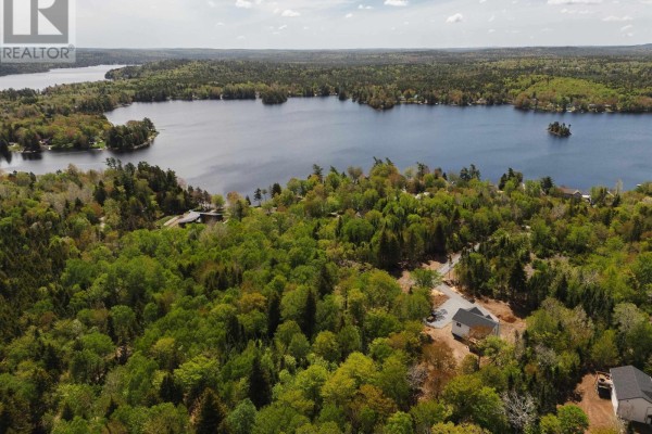 Aerial view showing the lakefront property surrounded by trees and neighboring houses. - 14 Douglaswood Drive, Lakelands