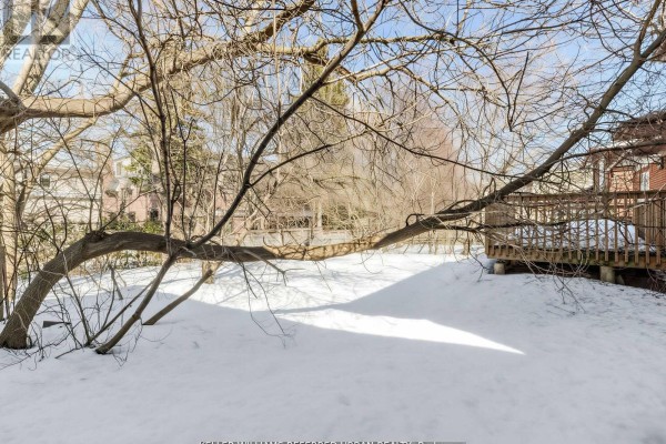 Backyard view with snow, trees, and wooden deck visible in the background. - 14 Frontenac Avenue, Toronto