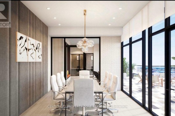 Rendering of a boardroom with a long table, chairs, and large windows overlooking a terrace. - 1404 - 260 Malta Avenue, Brampton